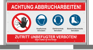 Meshbanner Achtung Abbrucharbeiten mit wichtigen Symbolen nach DIN 7010 in Signalfarben